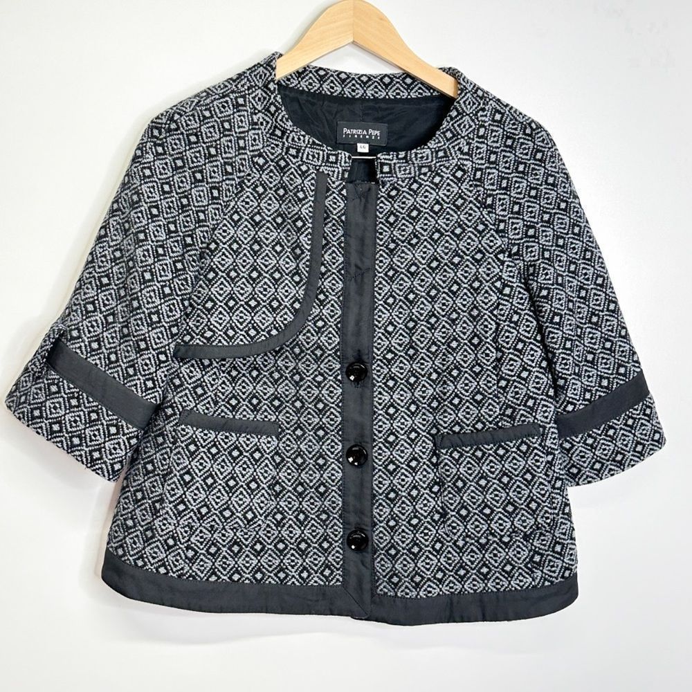 Patrizia Pepe Designer Tweed Black/Gray Jacket/Blazer Made in Italy Size 12